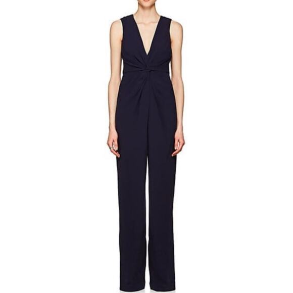 Halston Heritage Deep V Twist Front Wide Leg Jumpsuit Navy Blue Elegant Sz 4 - Picture 1 of 14